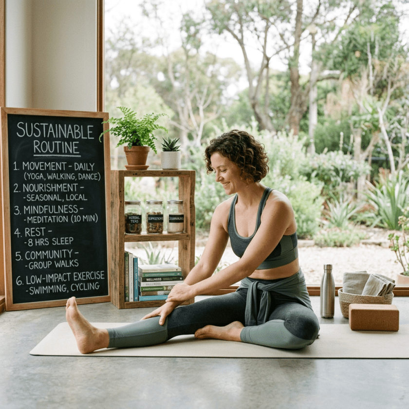 Woman stretching beside chalkboard reading “SUSTAINABLE ROUTINE” with movement, nourishment, mindfulness, rest, community, and low-impact exercise tips.