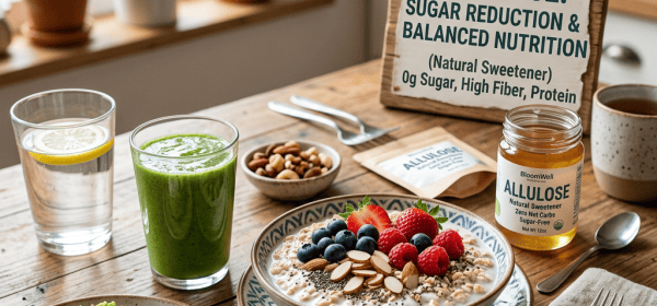 Breakfast spread with sign reading “ALLULOSE: SUGAR REDUCTION & BALANCED NUTRITION (Natural Sweetener) 0g Sugar, High Fiber, Protein,” plus an Allulose sweetener jar, smoothie, fruit bowl, avocado toast, and lemon water.