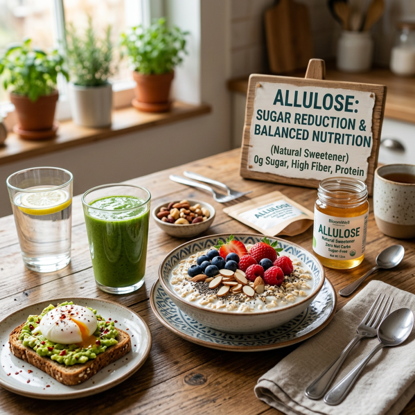 Breakfast spread with sign reading “ALLULOSE: SUGAR REDUCTION & BALANCED NUTRITION (Natural Sweetener) 0g Sugar, High Fiber, Protein,” plus an Allulose sweetener jar, smoothie, fruit bowl, avocado toast, and lemon water.