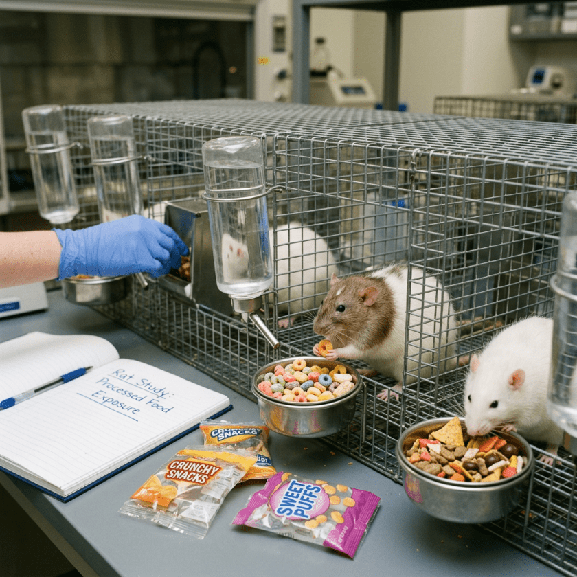 Two rats in laboratory cages beside food bowls and study notes