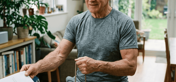 Older man reviewing a notebook beside a meal labeled “Lower-Protein Diet Plan – Arthur,” with dumbbells nearby