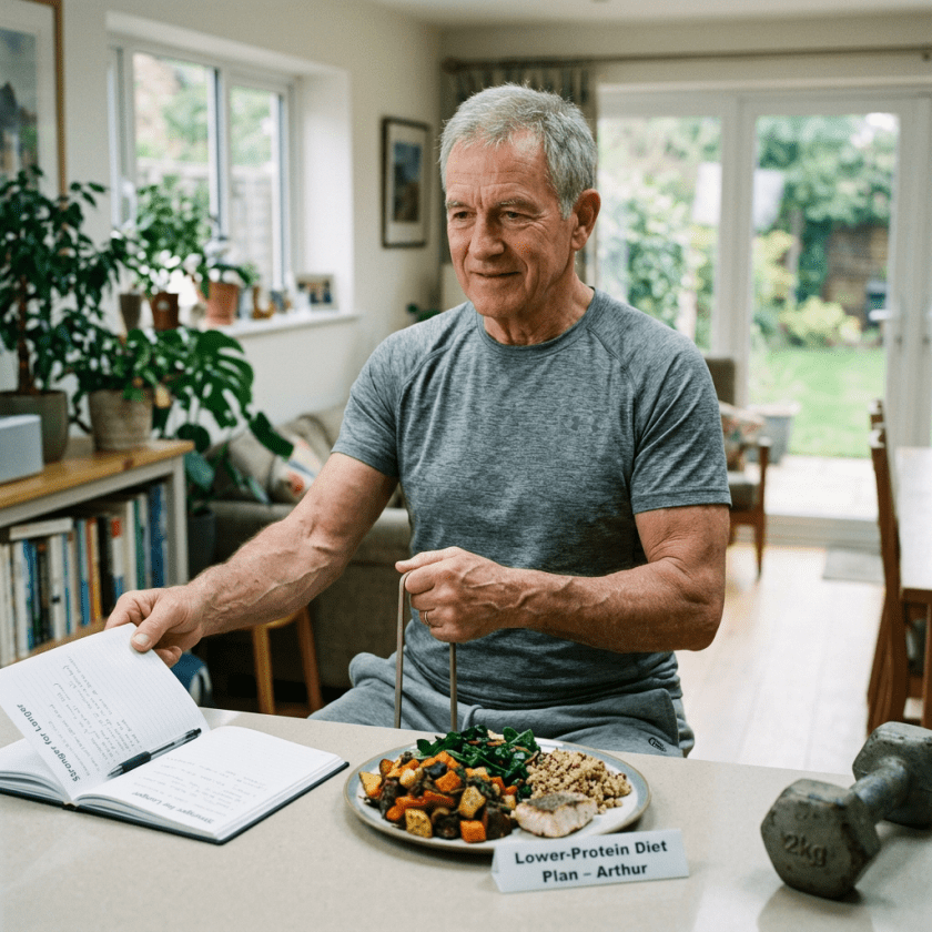 Older man reviewing a notebook beside a meal labeled “Lower-Protein Diet Plan – Arthur,” with dumbbells nearby