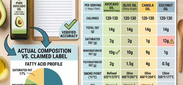 Infographic comparing avocado oil nutrition, composition, smoke points, and label accuracy