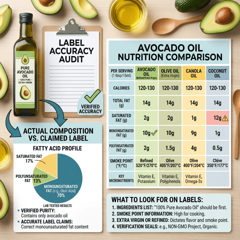 Infographic comparing avocado oil nutrition, composition, smoke points, and label accuracy