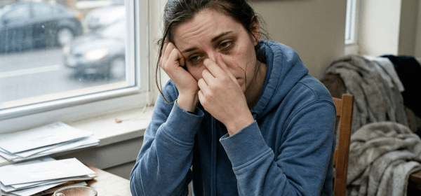 Tired person at table with medicine, paperwork, and drink