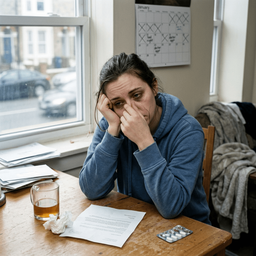 Tired person at table with medicine, paperwork, and drink