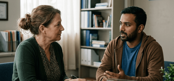 Clinician and client discussing immigration mental health evaluations at a desk