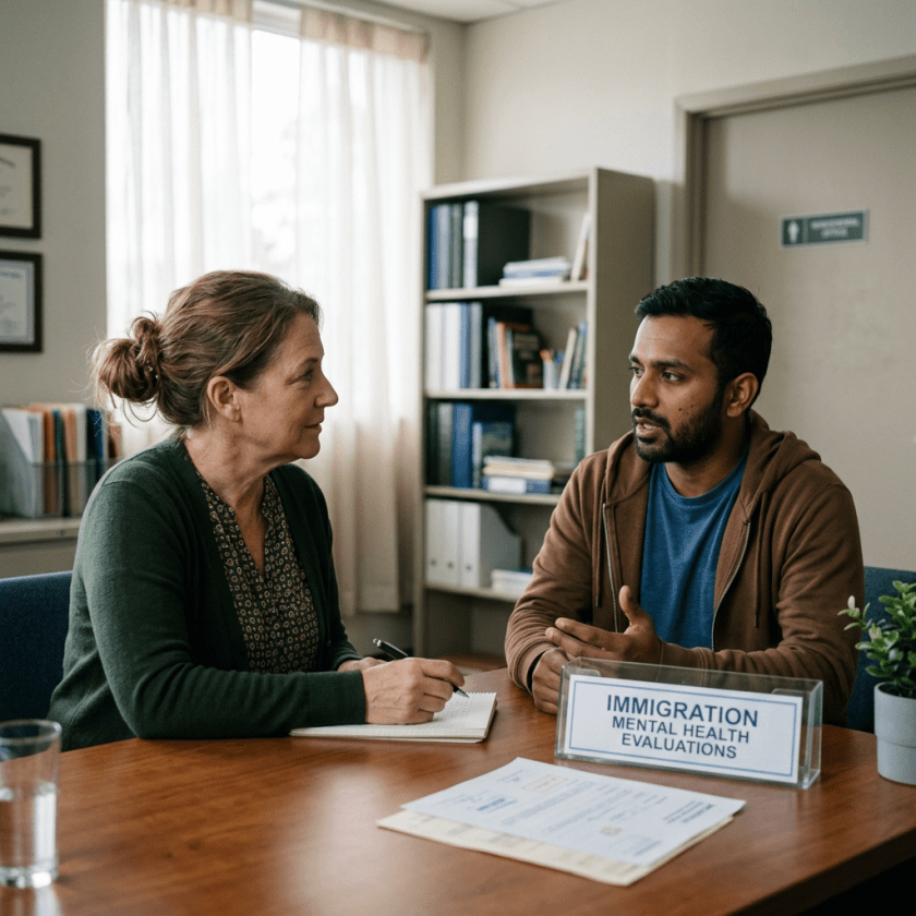 Clinician and client discussing immigration mental health evaluations at a desk