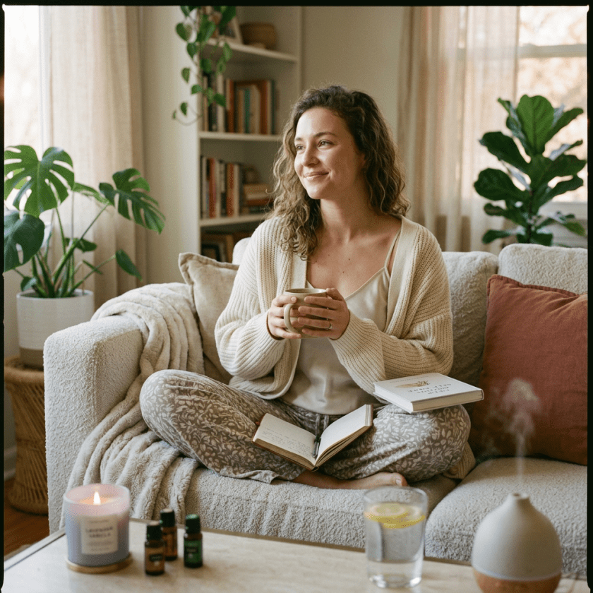 Woman sitting cross-legged with tea and an open book on a sofa