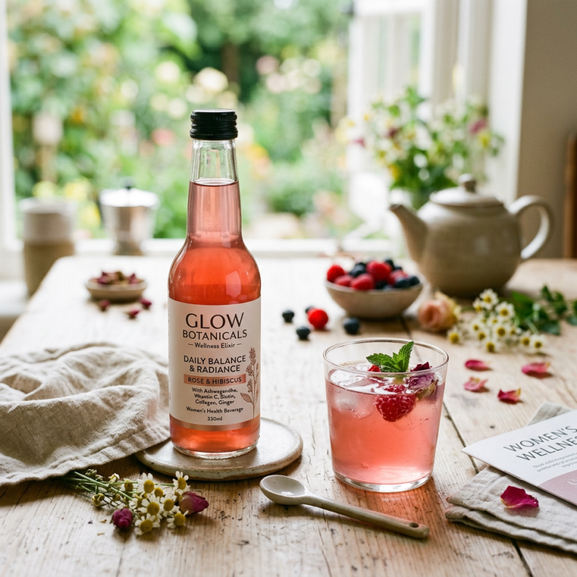 Glow Botanicals Wellness Elixir, Daily Balance & Radiance, Rose & Hibiscus, 330ml, beside a pink garnished drink and Women's Wellness booklet