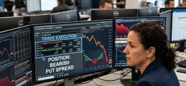 Trader viewing screens labeled Trade Execution and Position: Bearish Put Spread