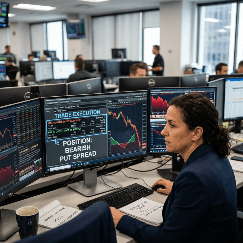 Trader viewing screens labeled Trade Execution and Position: Bearish Put Spread
