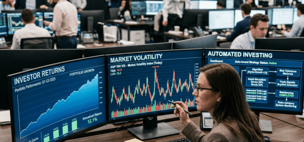 Analyst reviewing dashboards labeled Investor Returns, Market Volatility, and Automated Investing