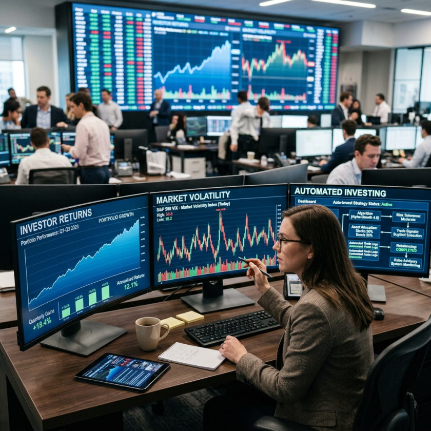 Analyst reviewing dashboards labeled Investor Returns, Market Volatility, and Automated Investing