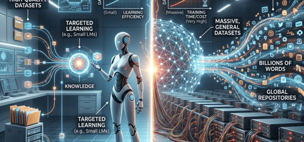 Infographic: AI Learning Methodologies: Data-Efficient vs. Massive LLM; compares curated datasets, targeted learning, low resource consumption, and focused tasks with unstructured internet data, massive datasets, brute-force learning, extreme resource consumption, and generalized models.