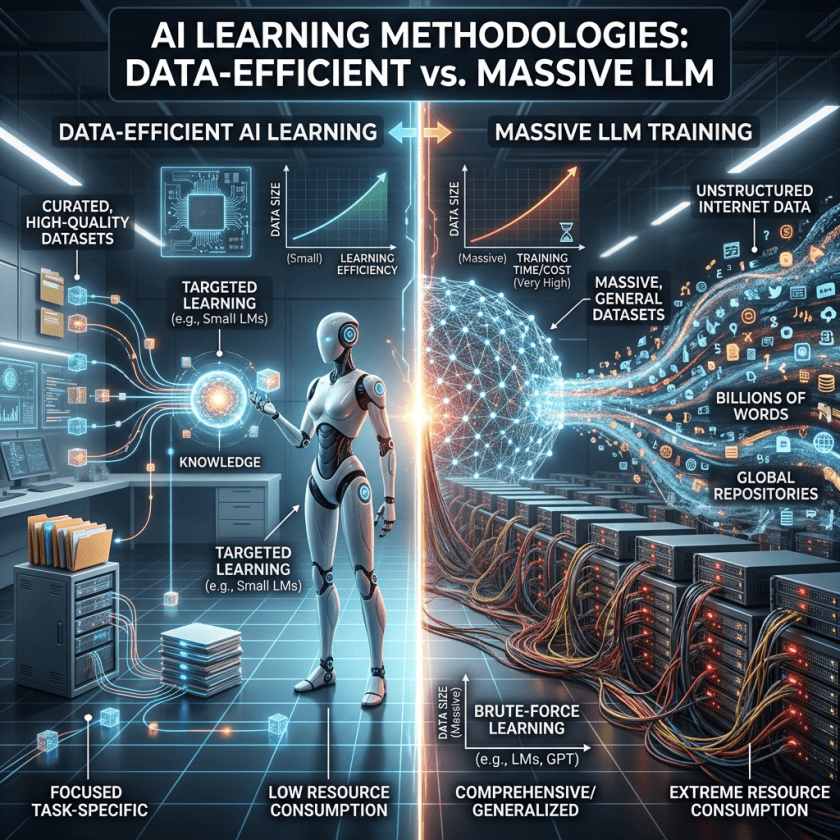 Infographic: AI Learning Methodologies: Data-Efficient vs. Massive LLM; compares curated datasets, targeted learning, low resource consumption, and focused tasks with unstructured internet data, massive datasets, brute-force learning, extreme resource consumption, and generalized models.