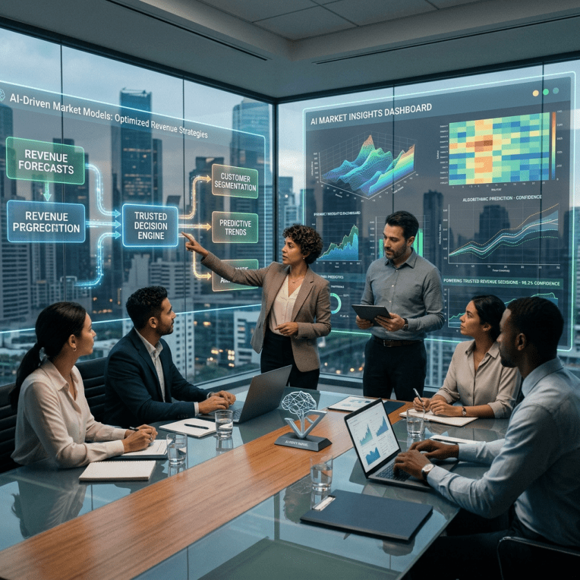 Team reviewing AI-Driven Market Models and AI Market Insights Dashboard with revenue forecasts