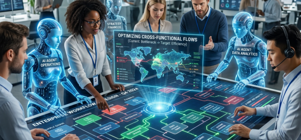Professionals and AI agents review optimizing cross-functional flows, enterprise workflow design Q4 2024, and analytics dashboards.