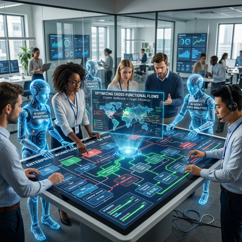 Professionals and AI agents review optimizing cross-functional flows, enterprise workflow design Q4 2024, and analytics dashboards.
