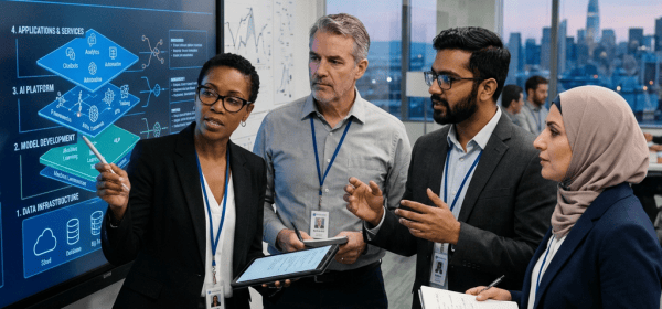 Four professionals discussing an AI technology stack presentation