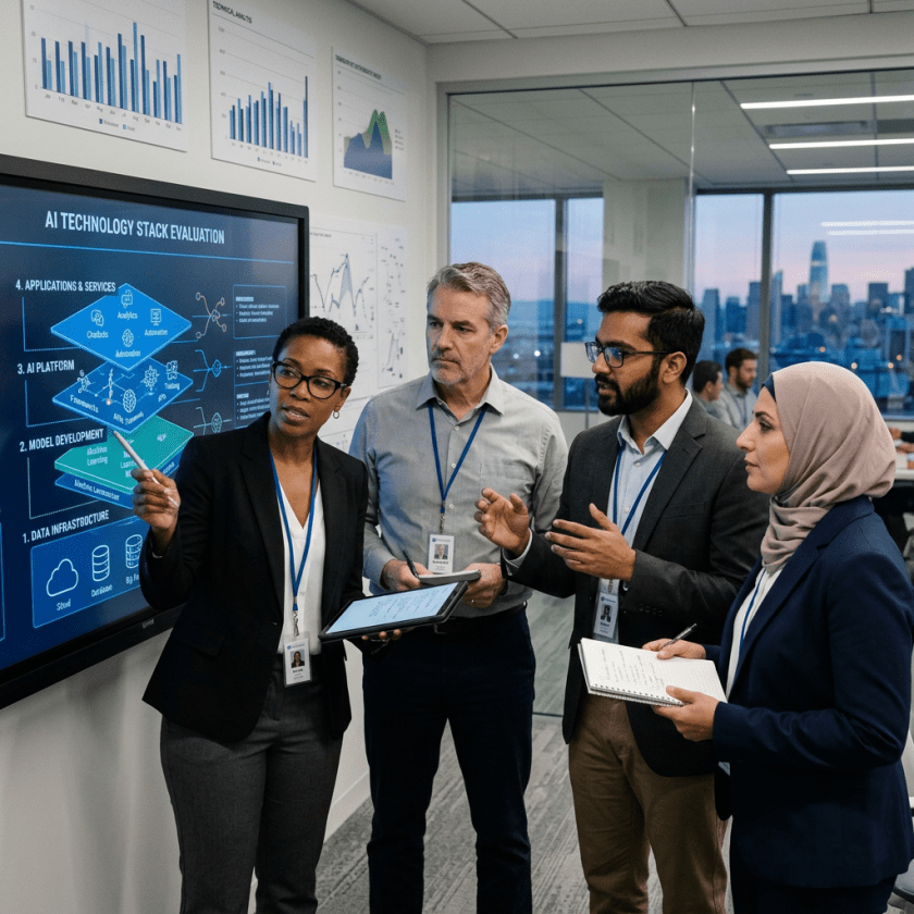 Four professionals discussing an AI technology stack presentation