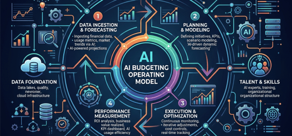 AI budgeting operating model infographic showing four stages and supporting capabilities