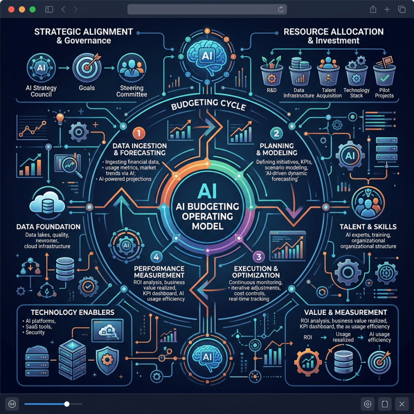 AI budgeting operating model infographic showing four stages and supporting capabilities