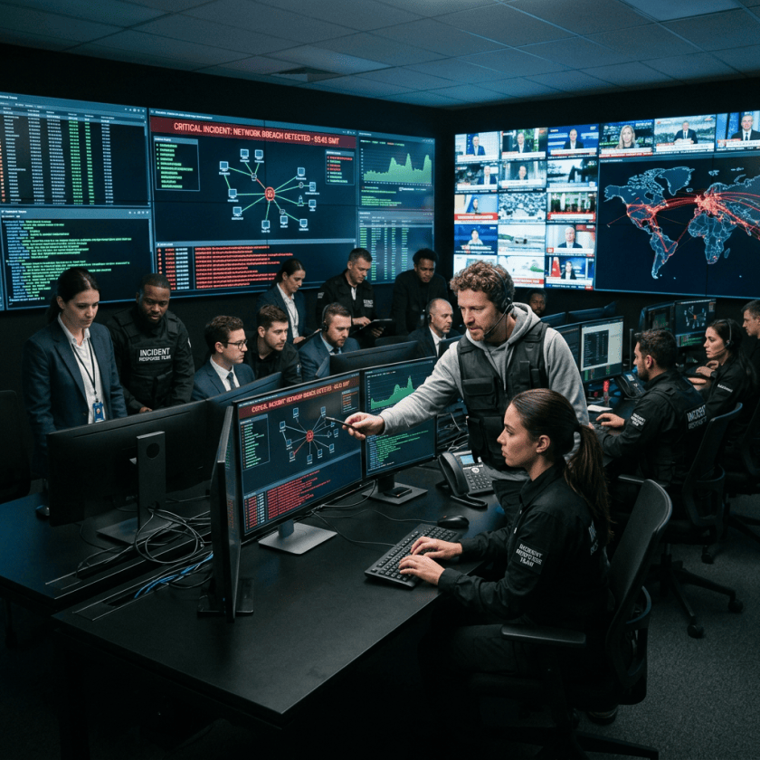 Incident response team monitoring critical network breach alerts in a security operations center