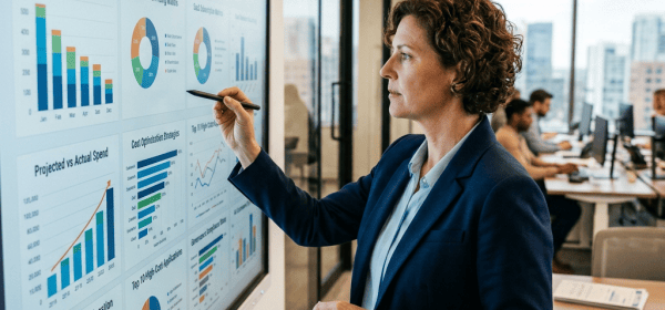 Executive pointing at software cost governance dashboards in an office