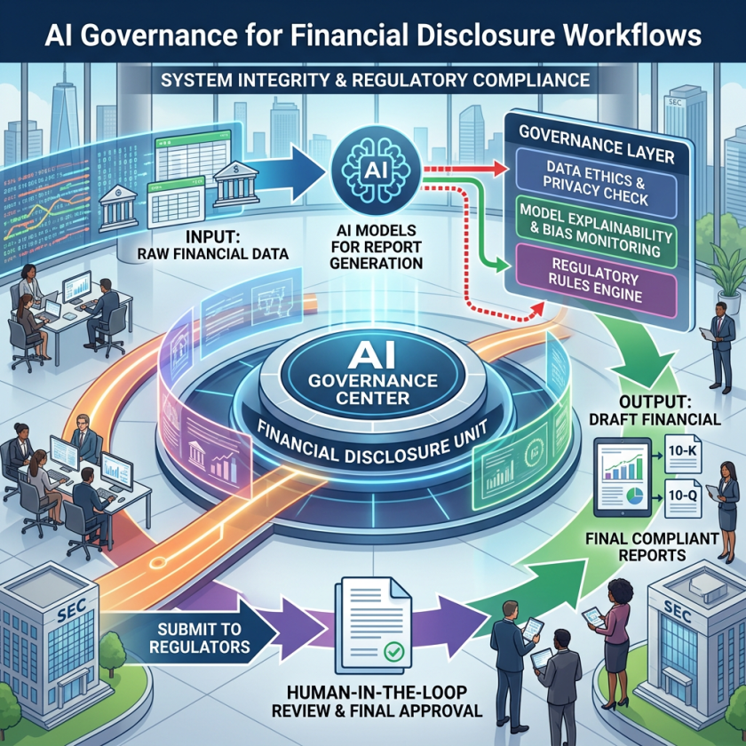 AI governance workflow from raw financial data to compliant reports and regulatory submission