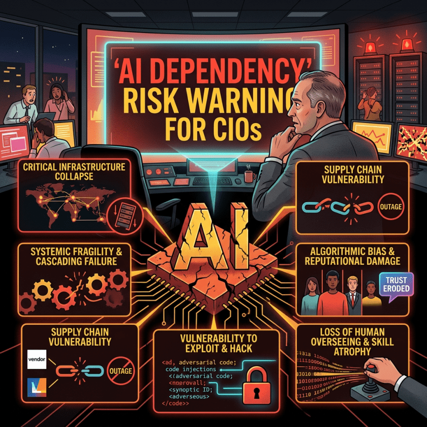 AI Dependency Risk Warning for CIOs, showing critical infrastructure collapse, supply chain vulnerability, systemic fragility, algorithmic bias, hacking, and skill atrophy.