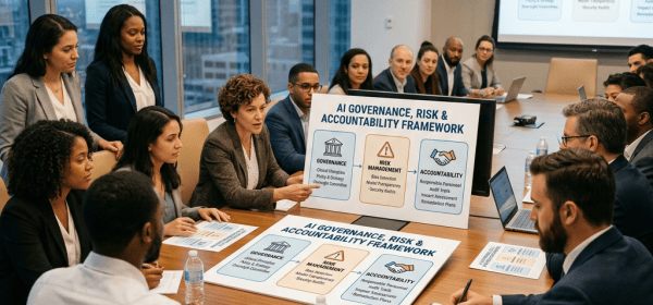 Professionals reviewing posters labeled “AI Governance, Risk & Accountability Framework”