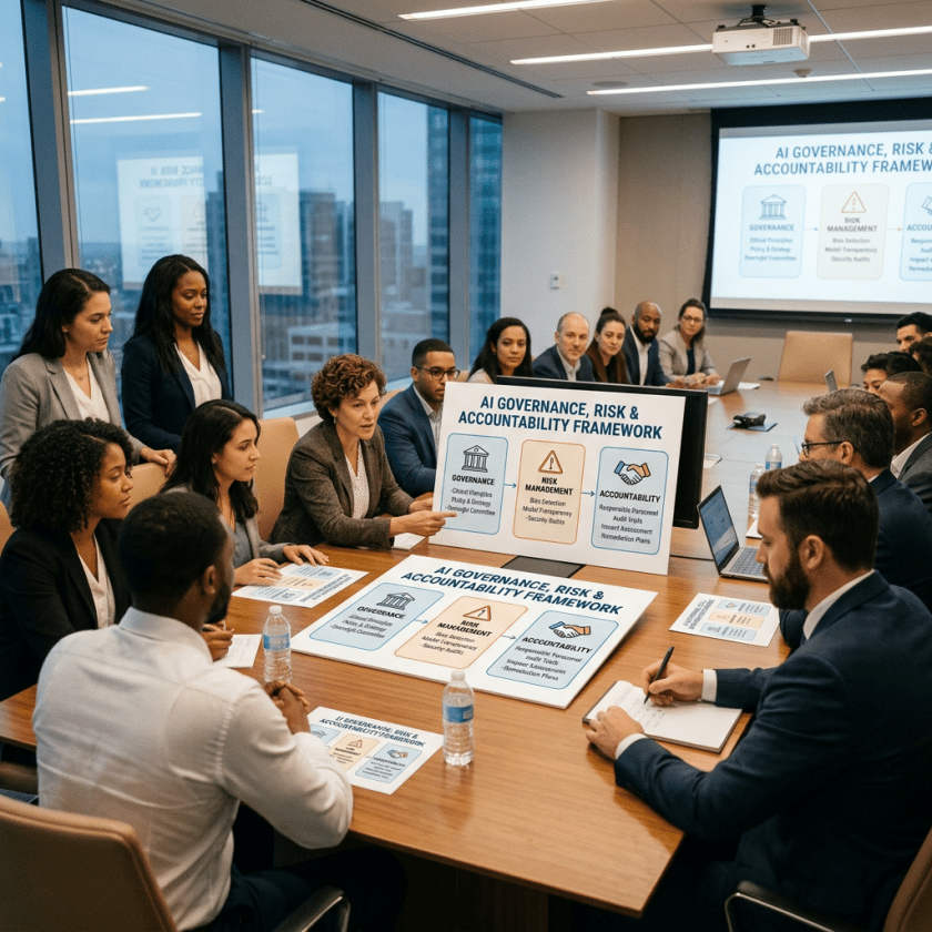 Professionals reviewing posters labeled “AI Governance, Risk & Accountability Framework”