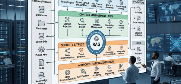 Enterprise AI Governance Architecture diagram with data sources, governance, RAG, security, and AI orchestration layers