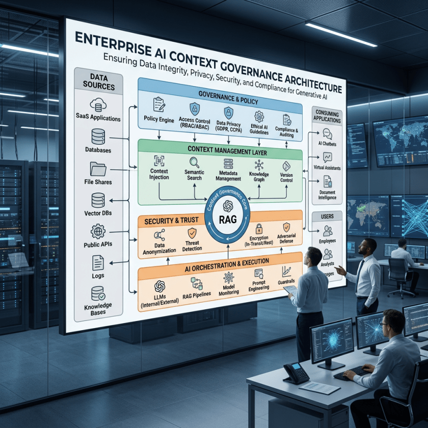 Enterprise AI Governance Architecture diagram with data sources, governance, RAG, security, and AI orchestration layers