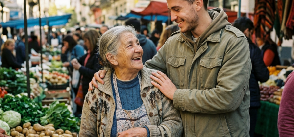 Young man smiling with older woman at a crowded outdoor produce market