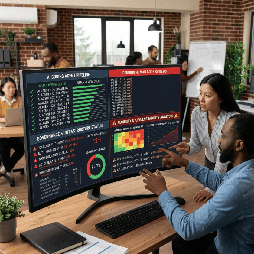 Team reviewing dashboard labeled AI Coding Agent Pipeline and Pending Human Code Reviews