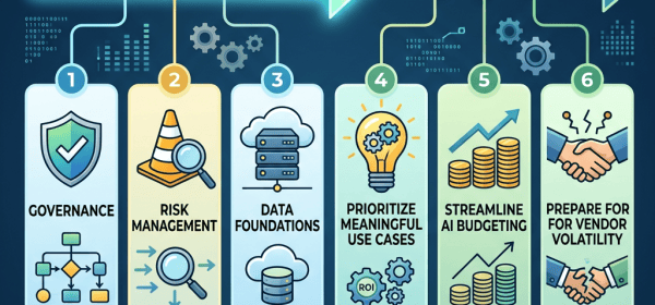 THIS WEEK’S FOCUS: AI ENTHUSIASM (The Hype Cycle) to AI ACCOUNTABILITY (The Responsible Era). Six priorities: 1 GOVERNANCE—Policies, Oversight, Compliance; 2 RISK MANAGEMENT—Assess, Mitigate, Monitor; 3 DATA FOUNDATIONS—Quality, Privacy, Architecture; 4 PRIORITIZE MEANINGFUL USE CASES—ROI, Impact; 5 STREAMLINE AI BUDGETING—Efficiency, Control; 6 PREPARE FOR VENDOR VOLATILITY—Contracts, Backups, Resilience. ENSURING ROBUST INCIDENT RESPONSE MEASURES.