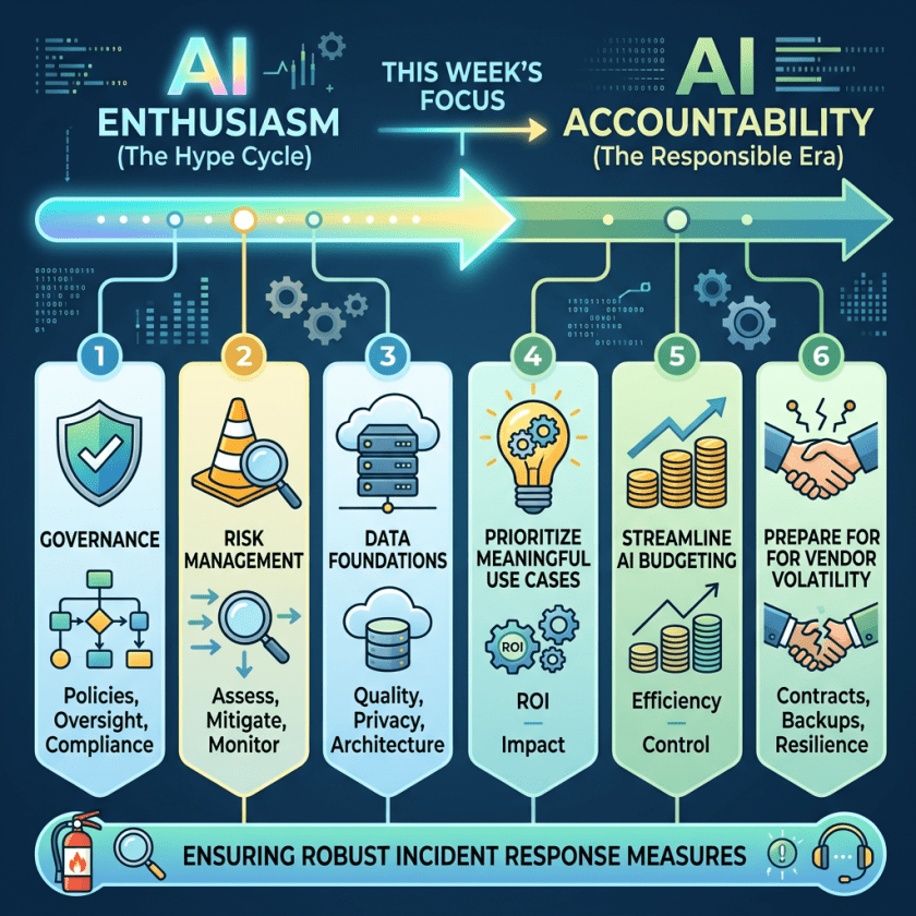 THIS WEEK’S FOCUS: AI ENTHUSIASM (The Hype Cycle) to AI ACCOUNTABILITY (The Responsible Era). Six priorities: 1 GOVERNANCE—Policies, Oversight, Compliance; 2 RISK MANAGEMENT—Assess, Mitigate, Monitor; 3 DATA FOUNDATIONS—Quality, Privacy, Architecture; 4 PRIORITIZE MEANINGFUL USE CASES—ROI, Impact; 5 STREAMLINE AI BUDGETING—Efficiency, Control; 6 PREPARE FOR VENDOR VOLATILITY—Contracts, Backups, Resilience. ENSURING ROBUST INCIDENT RESPONSE MEASURES.