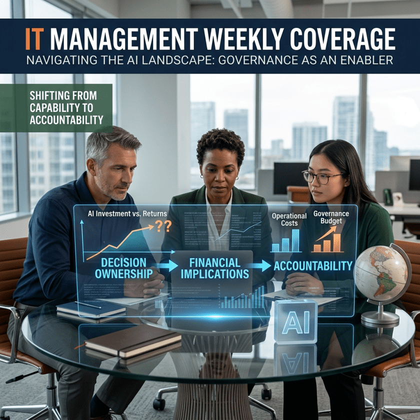 IT MANAGEMENT WEEKLY COVERAGE; NAVIGATING THE AI LANDSCAPE: GOVERNANCE AS AN ENABLER; SHIFTING FROM CAPABILITY TO ACCOUNTABILITY; AI Investment vs. Returns; DECISION OWNERSHIP; FINANCIAL IMPLICATIONS; ACCOUNTABILITY; Operational Costs; Governance Budget; AI