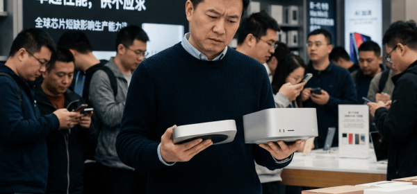 Man holding Mac mini and Mac Studio; sign reads “新一代 AI 专用 Mac Mini 和 Mac Studio: 卓越性能，供不应求”