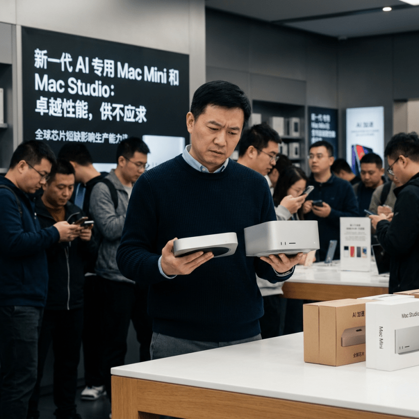 Man holding Mac mini and Mac Studio; sign reads “新一代 AI 专用 Mac Mini 和 Mac Studio: 卓越性能，供不应求”