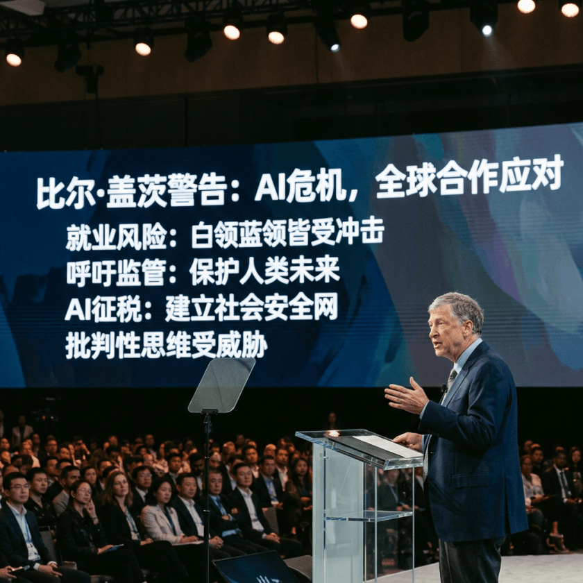 Speaker presenting AI risks and global cooperation to an audience, with Chinese text on screen
