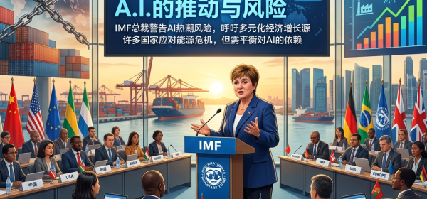 IMF forum panel with AI growth and risk headlines, global delegates, and national flags