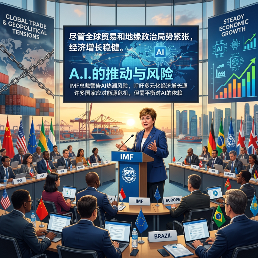 IMF forum panel with AI growth and risk headlines, global delegates, and national flags
