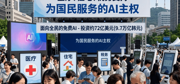 Outdoor Korean AI service event with healthcare, housing, and tax kiosks