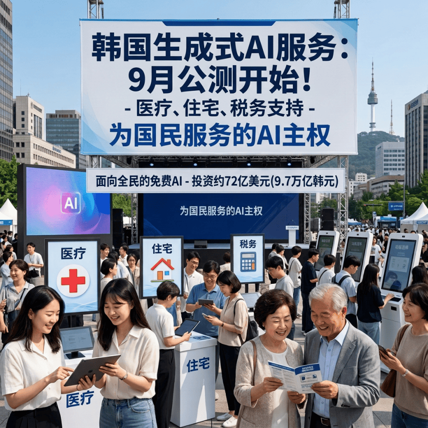 Outdoor Korean AI service event with healthcare, housing, and tax kiosks