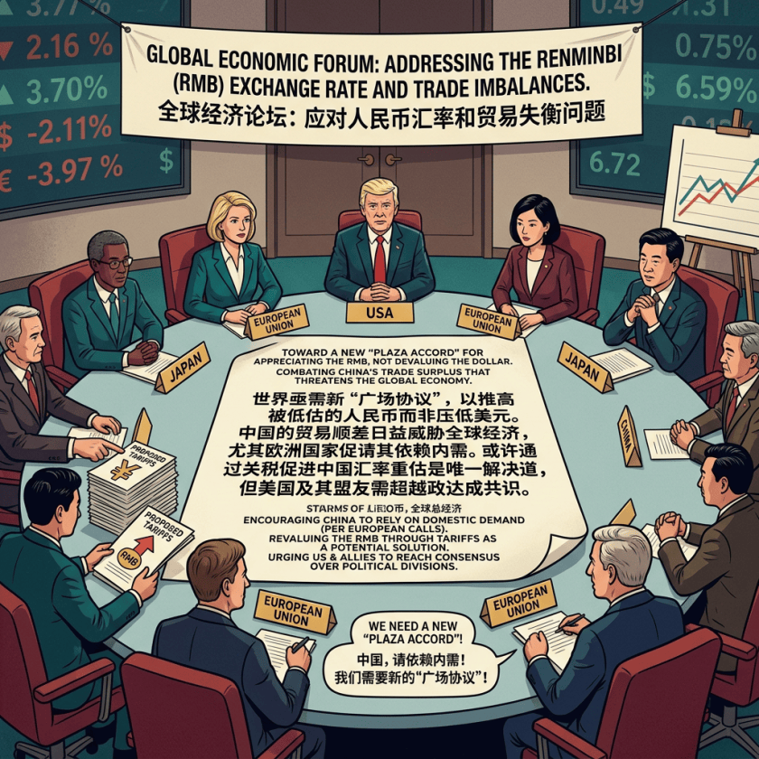 Illustrated forum discussing RMB exchange rates, trade imbalances, tariffs, and a new Plaza Accord.