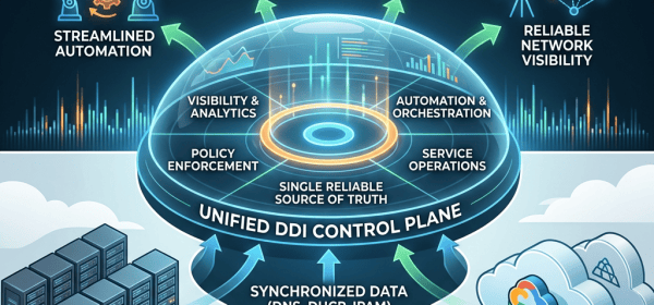 Infographic titled OVERCOMING COMPLEXITY WITH A UNIFIED DDI FABRIC, showing a UNIFIED DDI CONTROL PLANE with SINGLE RELIABLE SOURCE OF TRUTH, POLICY ENFORCEMENT, VISIBILITY & ANALYTICS, AUTOMATION & ORCHESTRATION, and SERVICE OPERATIONS; connected to ON-PREMISES DATA CENTER and HYBRID/MULTI-CLOUD ENVIRONMENTS through SYNCHRONIZED DATA (DNS, DHCP, IPAM), enabling STREAMLINED AUTOMATION, CONSISTENT POLICY ENFORCEMENT, EFFICIENT SERVICE OPERATIONS, and RELIABLE NETWORK VISIBILITY.