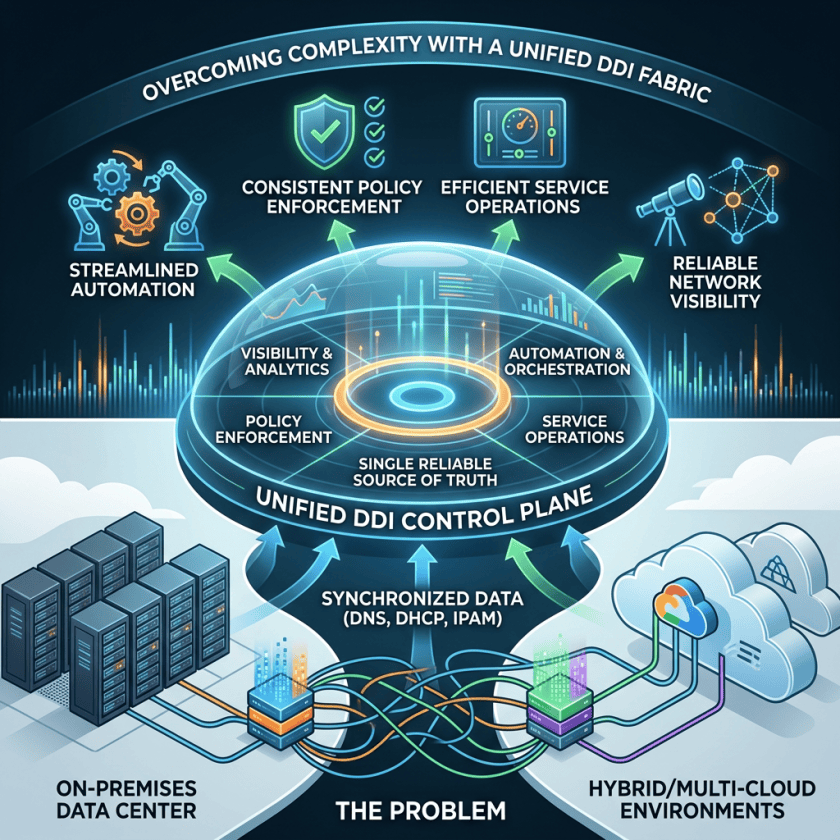 Infographic titled OVERCOMING COMPLEXITY WITH A UNIFIED DDI FABRIC, showing a UNIFIED DDI CONTROL PLANE with SINGLE RELIABLE SOURCE OF TRUTH, POLICY ENFORCEMENT, VISIBILITY & ANALYTICS, AUTOMATION & ORCHESTRATION, and SERVICE OPERATIONS; connected to ON-PREMISES DATA CENTER and HYBRID/MULTI-CLOUD ENVIRONMENTS through SYNCHRONIZED DATA (DNS, DHCP, IPAM), enabling STREAMLINED AUTOMATION, CONSISTENT POLICY ENFORCEMENT, EFFICIENT SERVICE OPERATIONS, and RELIABLE NETWORK VISIBILITY.